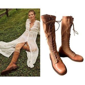 New Free People Trickum Tall Boots Womens 8.5 Brown Leather Lace Up Knee High